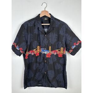 VTG Royal Creations‎ Mens Shirt Hawaiian Tropical Black Woody Cars Surfboards